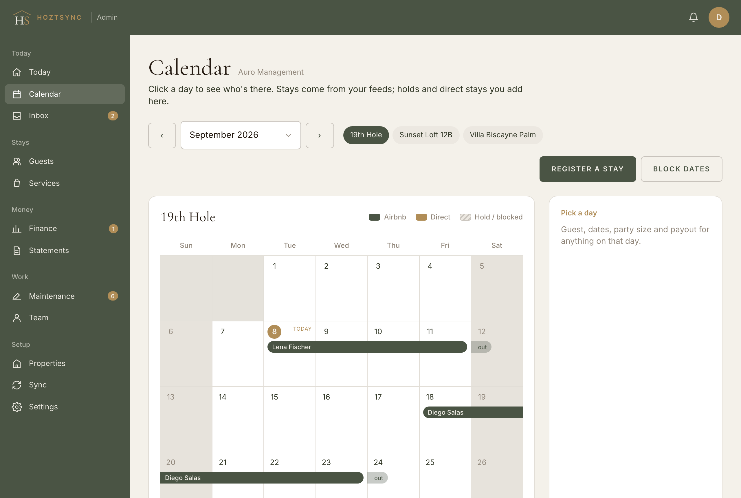 The calendar with a day selected